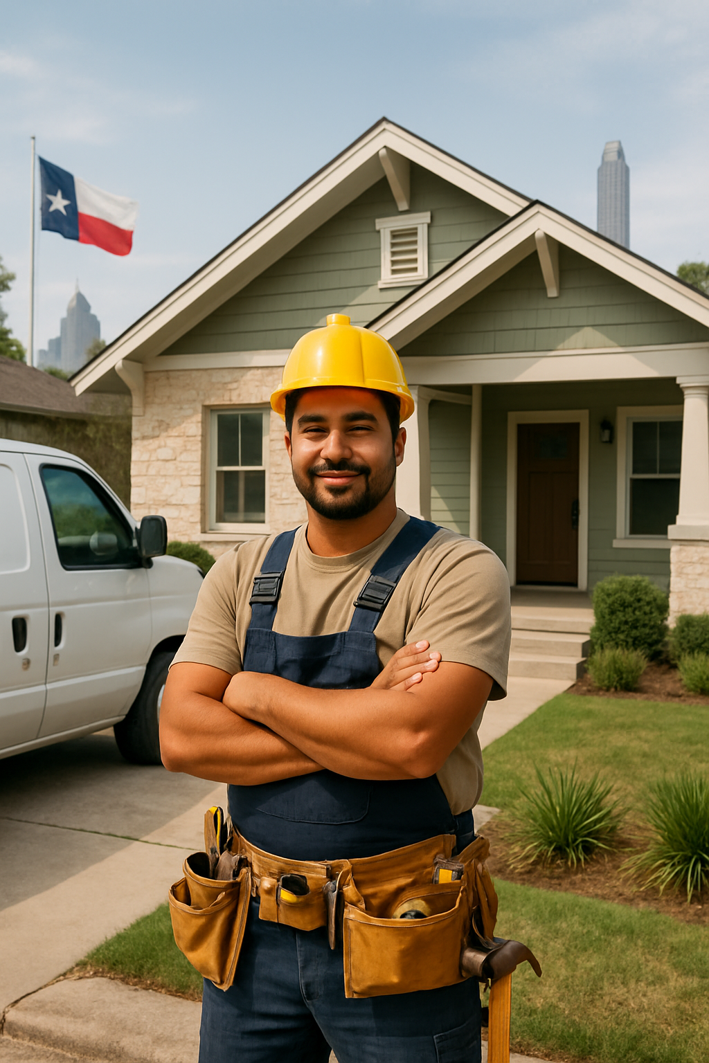 Professional home service contractor standing confidently in front of Austin Texas home with tools and work truck, representing local home improvement professionals joining Homeowners Marketplace